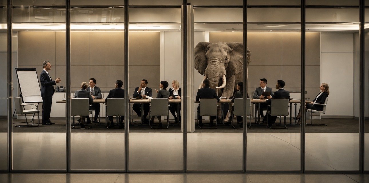 An executive boardroom with an elephant visible beyond the glass wall