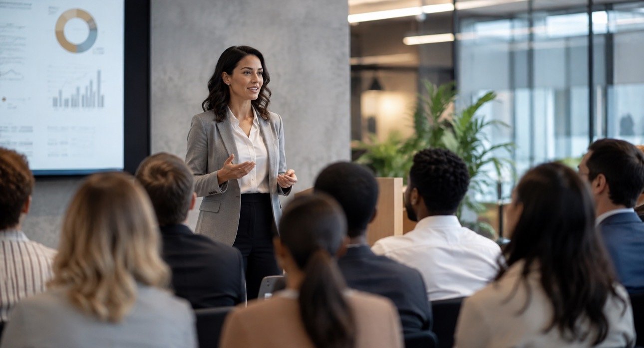 A speaker addressing a room with confidence