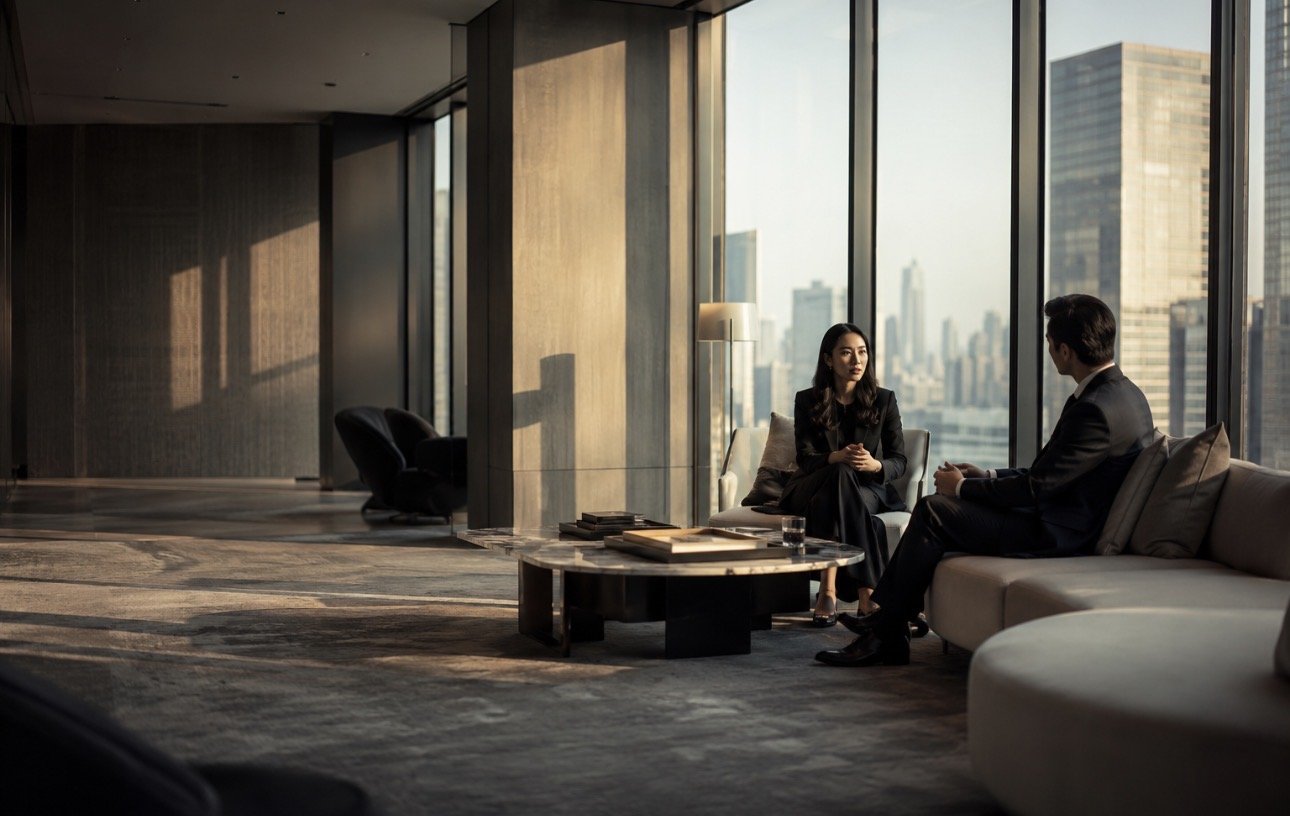 A leader reflecting by a high-rise window